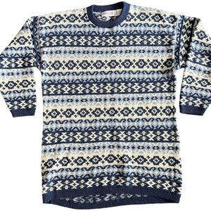 Lands End Vintage Women’s Small 100% Cotton Blue Fair Isle‎ Sweater